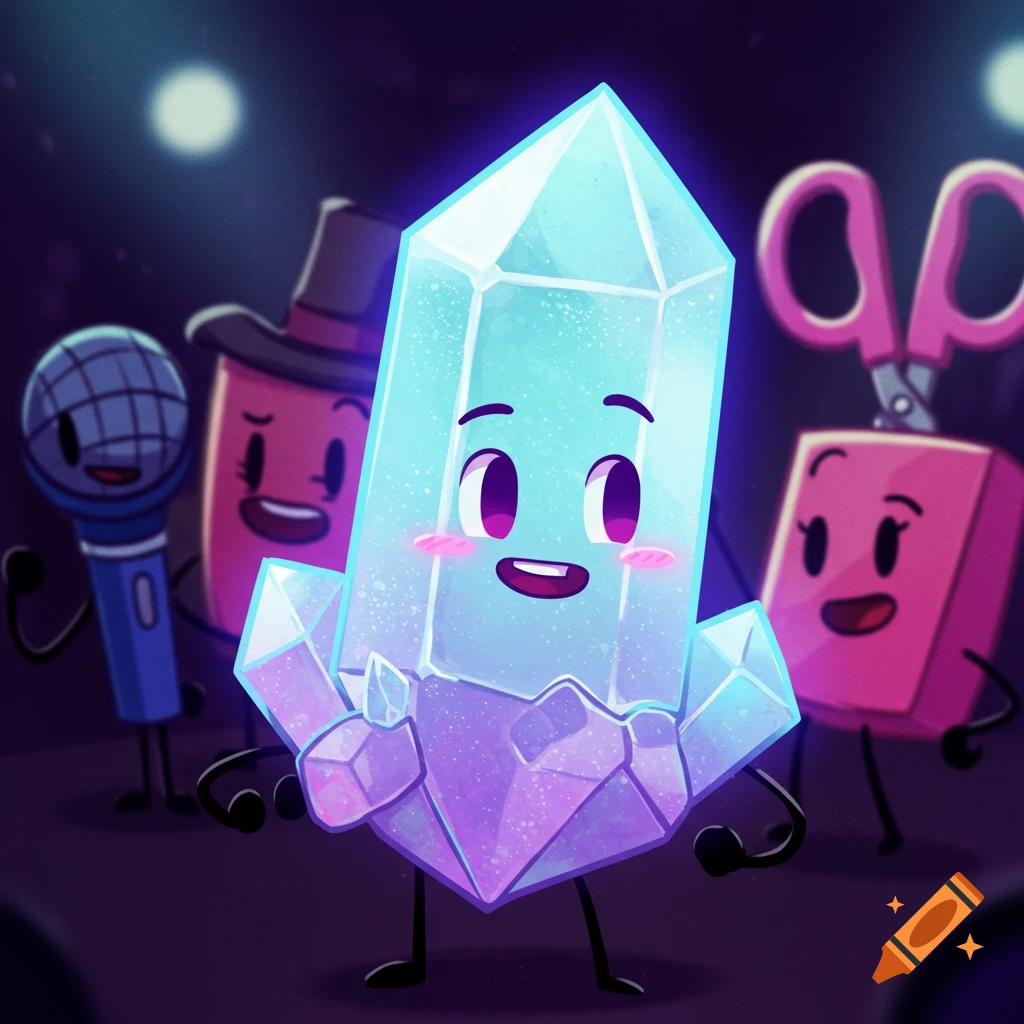 A happy crystal character stands on a stage with other object characters.