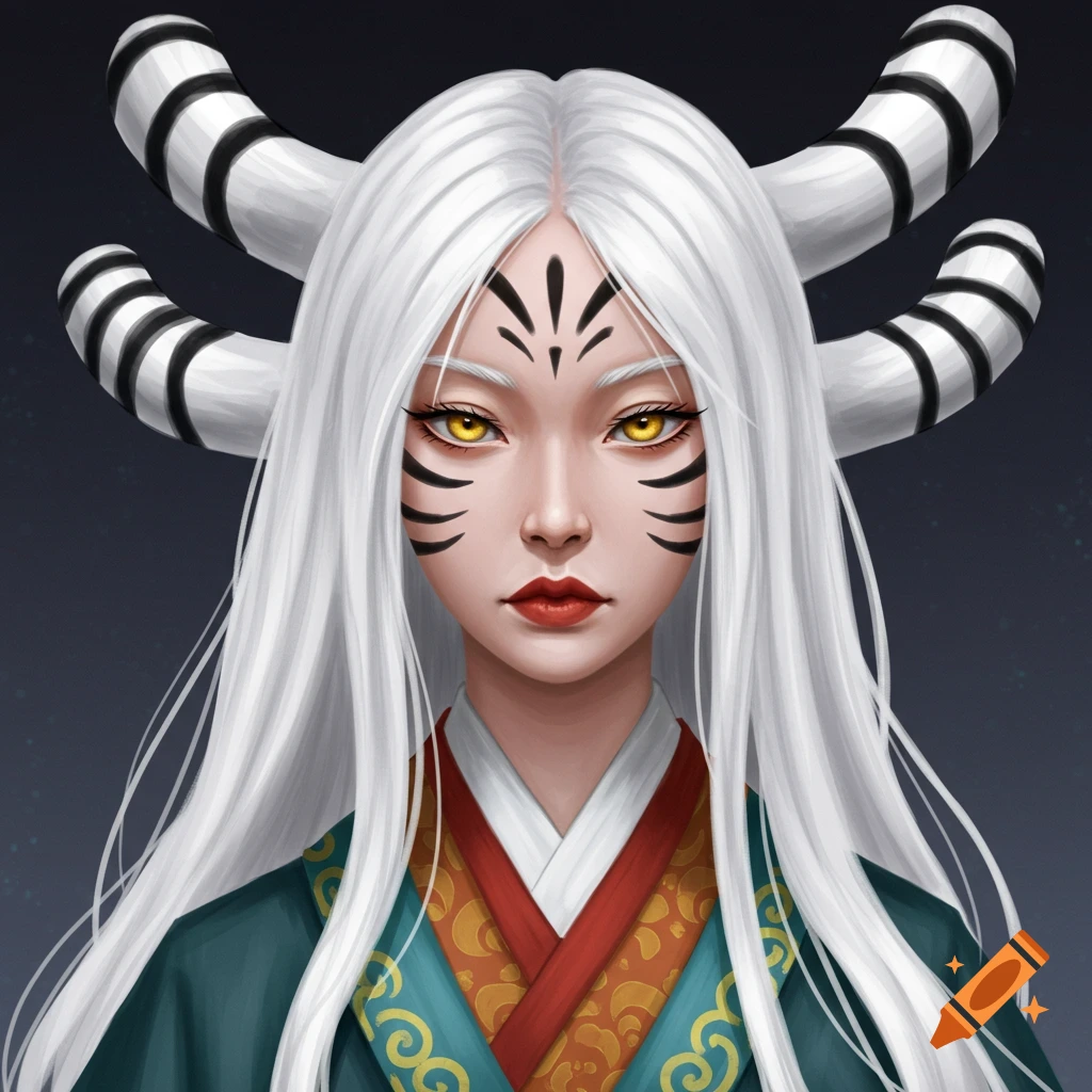 A fantasy character with white hair, tiger-like face markings, horns, and traditional East Asian clothing.