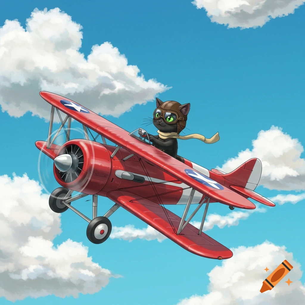 A black cat wearing goggles and scarf flies a red biplane through a cloudy blue sky.
