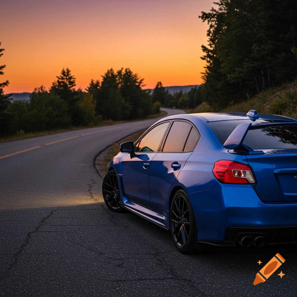 Blue car with a spoiler parked on the side of a winding road at sunset.