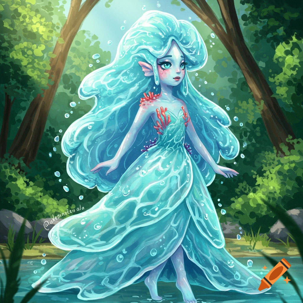 A stylized water spirit with flowing blue hair and dress stands in a forest stream.