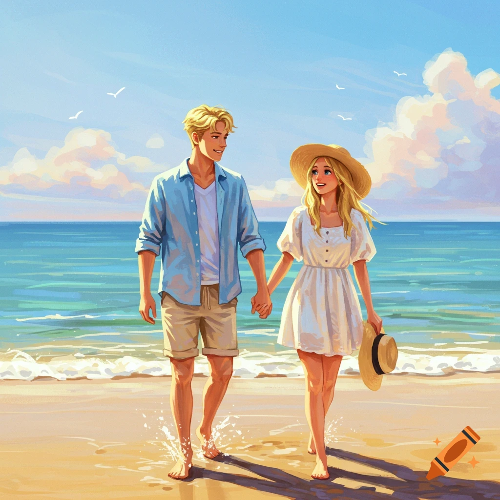 A blonde man and woman walk hand-in-hand on the beach.