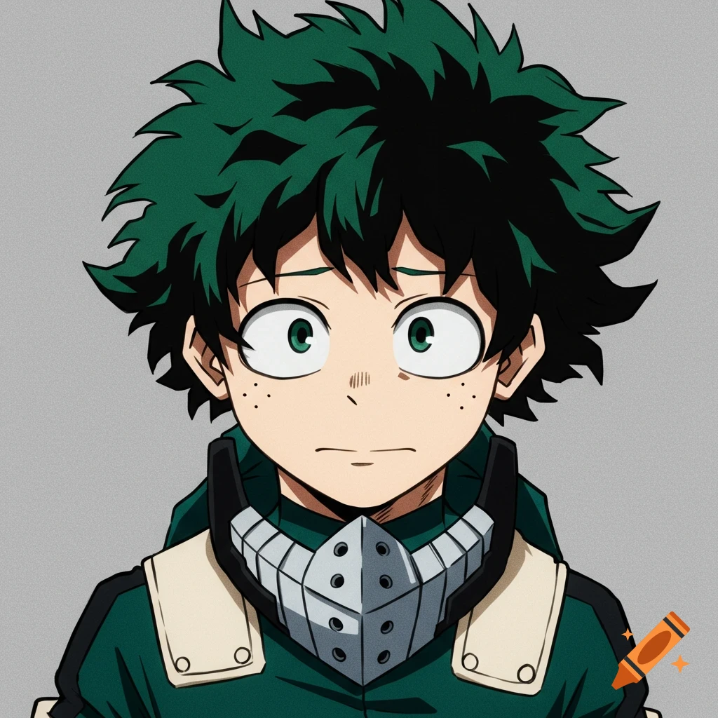 Anime portrait of Izuku Midoriya with green hair and face mask.