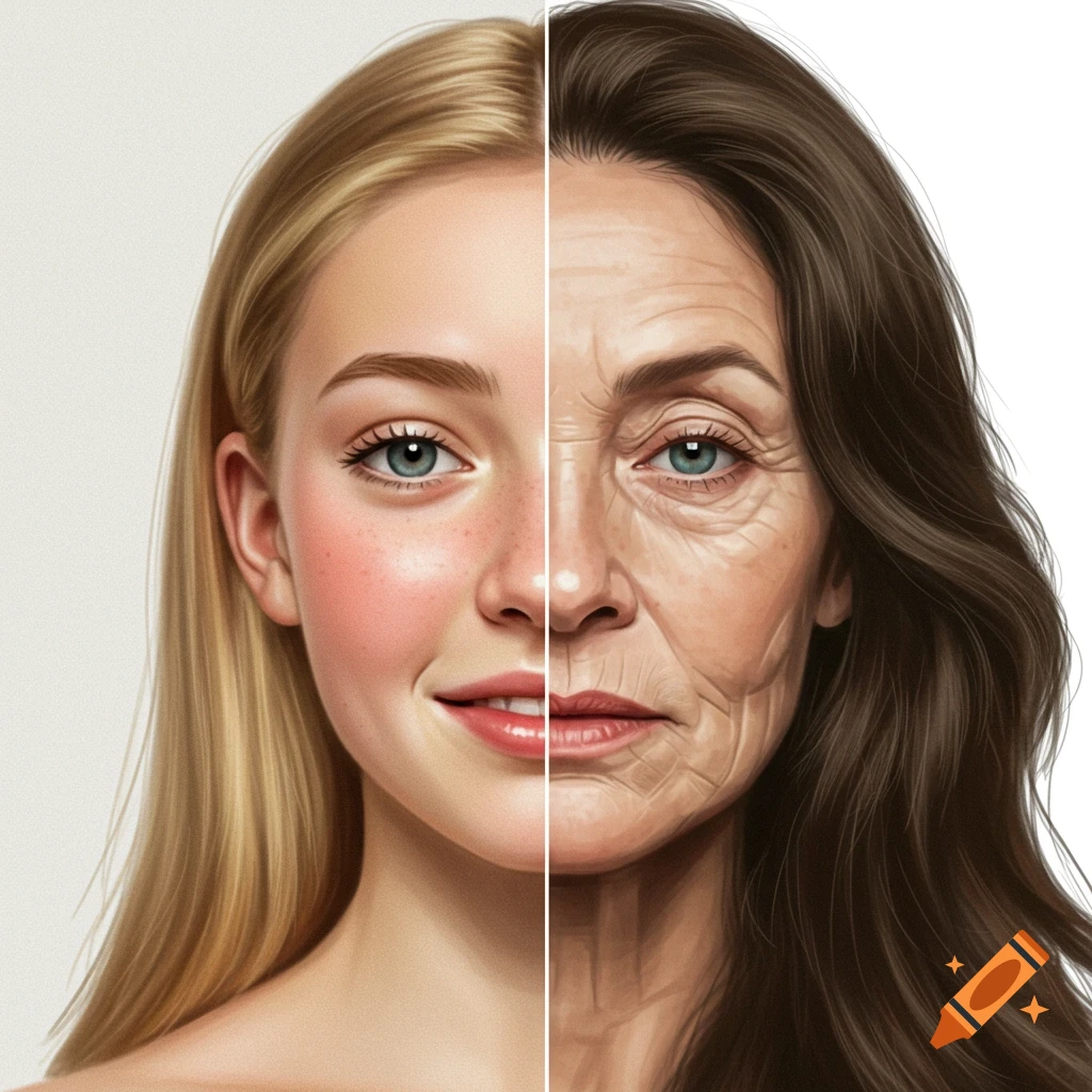 A face split between young and old halves.