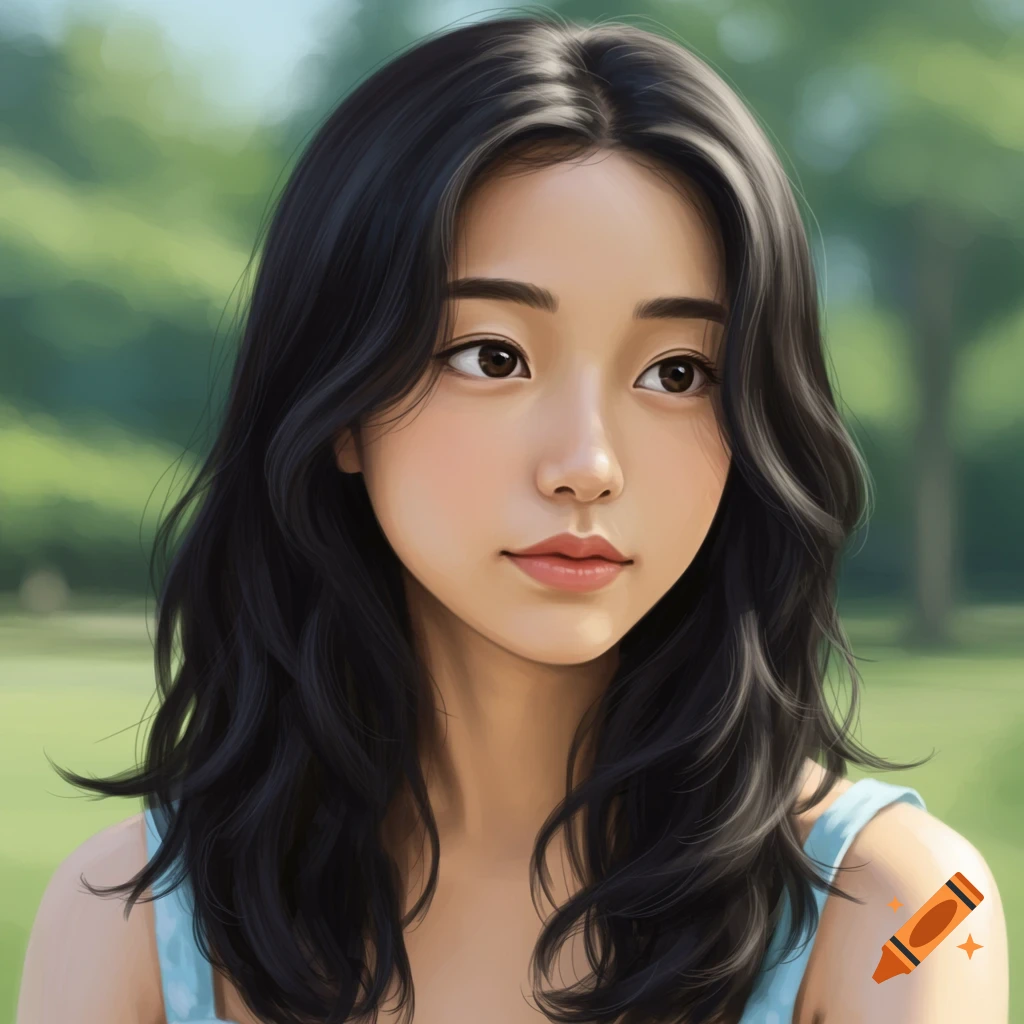 A young woman with long dark hair looks away in a park.