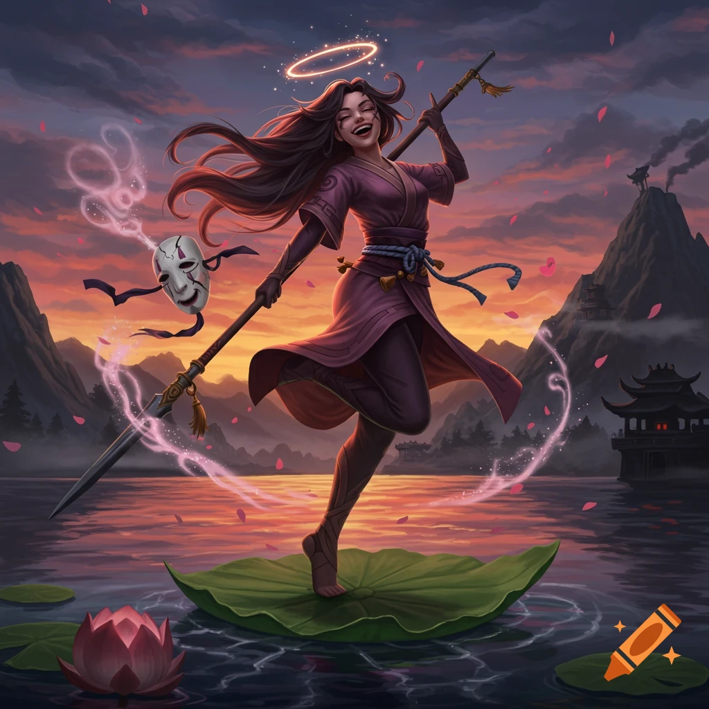 Fantasy character on lotus leaf, holding spear and mask, at sunset over lake with mountains and pagodas.