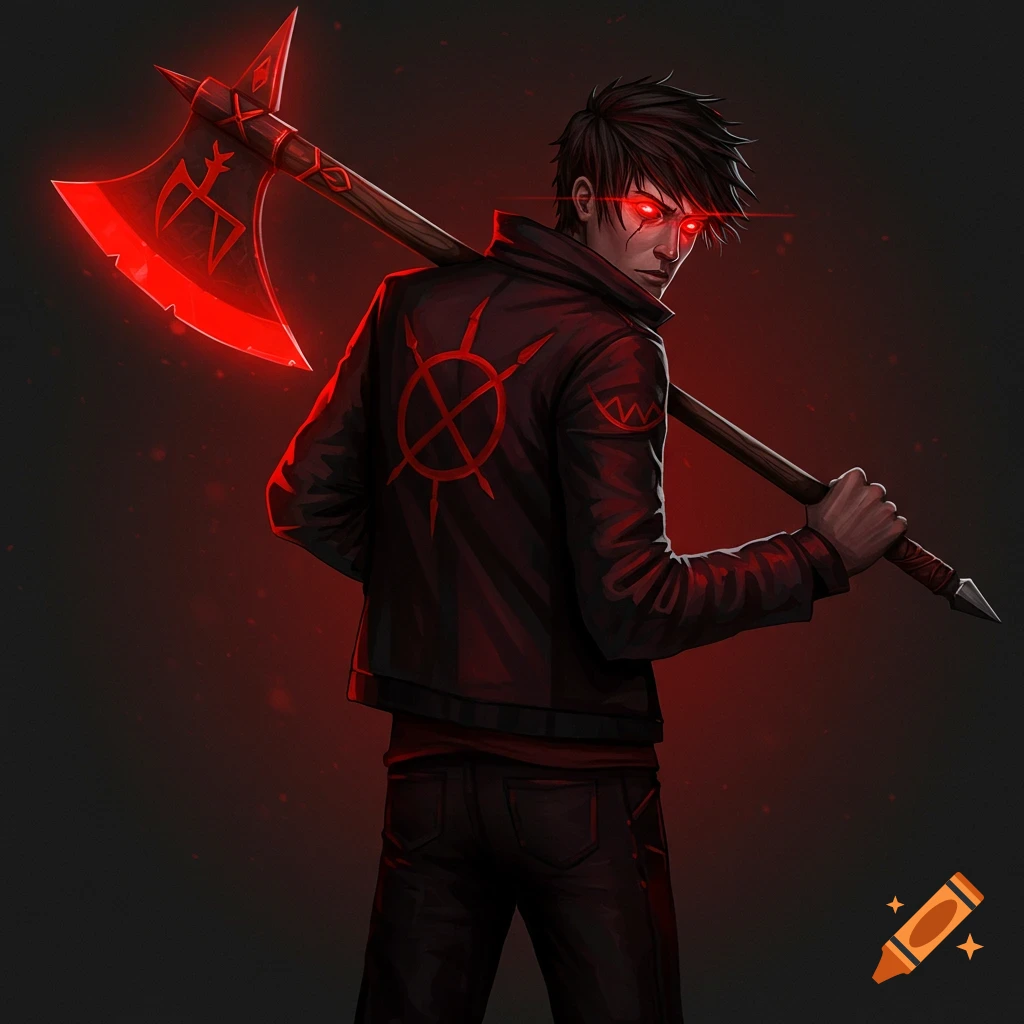 A dark-haired man with glowing red eyes and a red battle axe over his shoulder, wearing a black jacket with a red symbol.