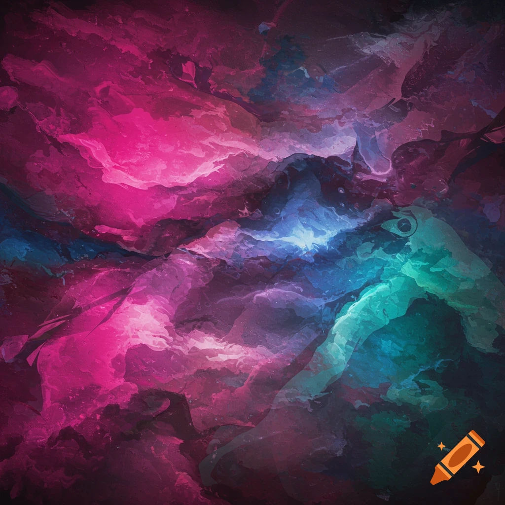 Abstract painting with vibrant pink, blue, and teal swirling colors
