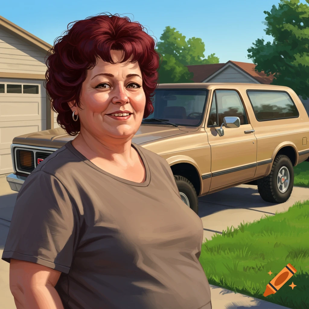 a woman standing in front of a gold SUV and a garage.