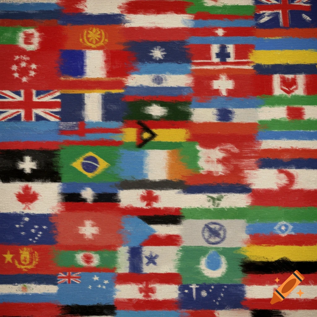 A dense pattern of various national flags in an abstract, brushstroke style.