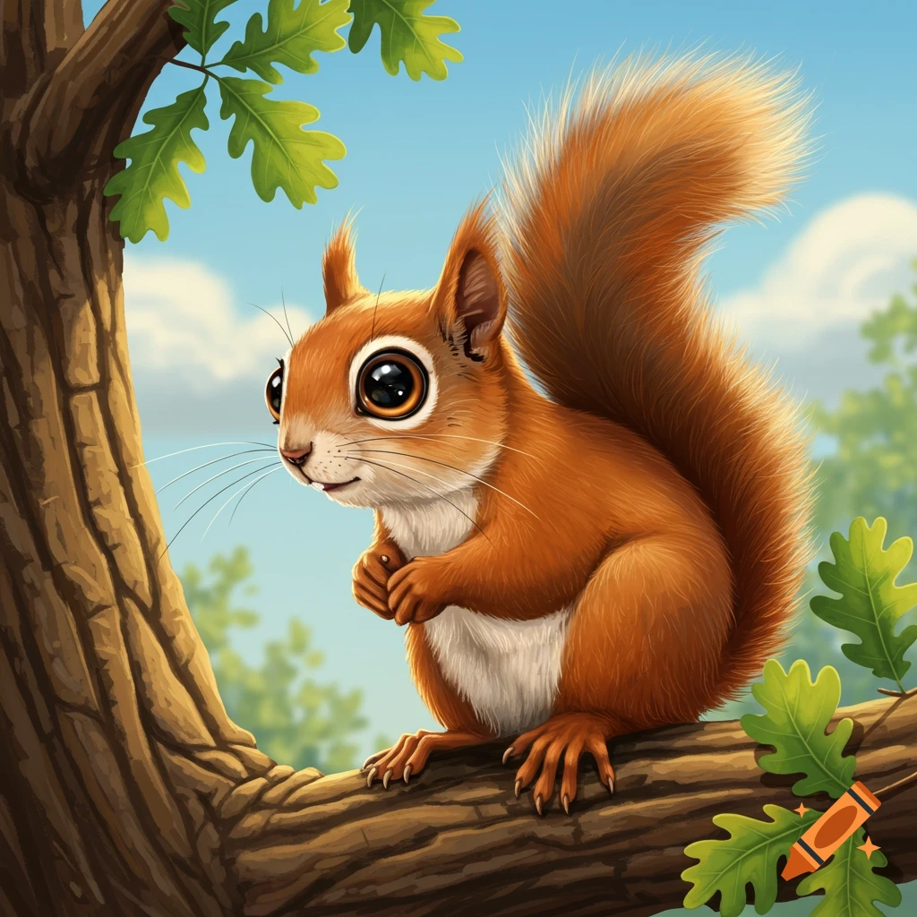 A cute squirrel with big eyes sitting on a tree branch.