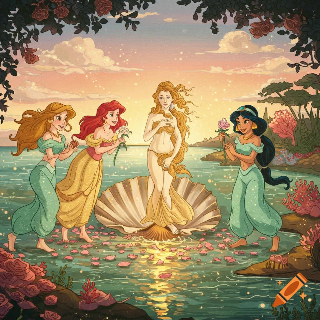Disney Princesses attend the birth of Venus, illustration