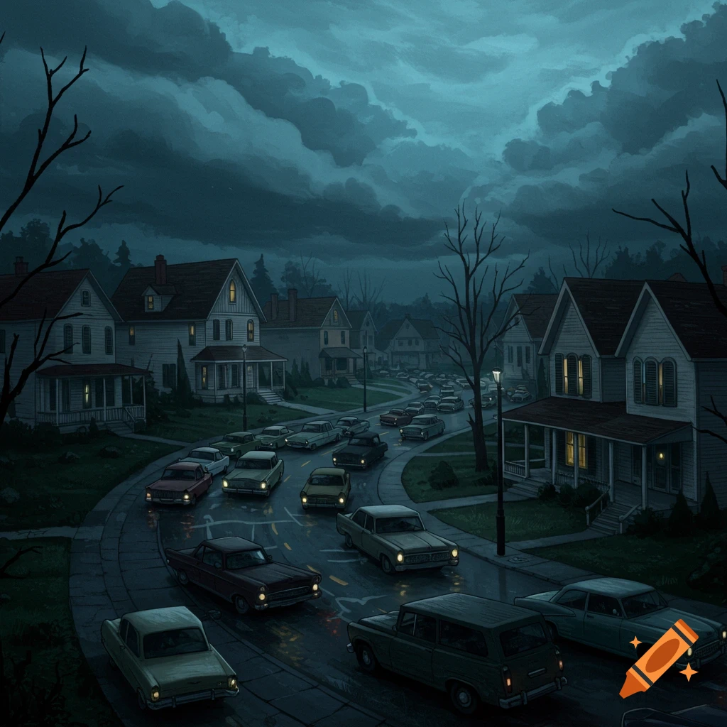 A dark suburban street with a traffic jam at night, American Gothic style.