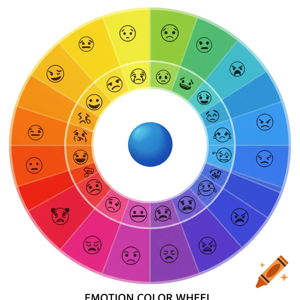 Emotion color wheel with various emojis representing feelings