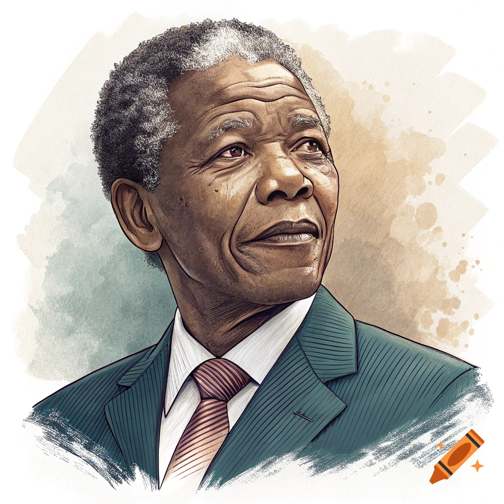 Stylized watercolor portrait of Nelson Mandela in a suit