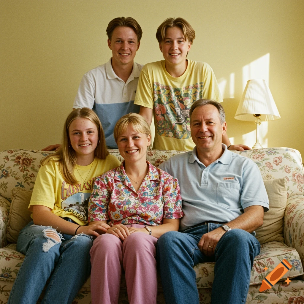A smiling family of five sits and stands on a floral sofa in a warm yellow room in the style of a 90s photograph.