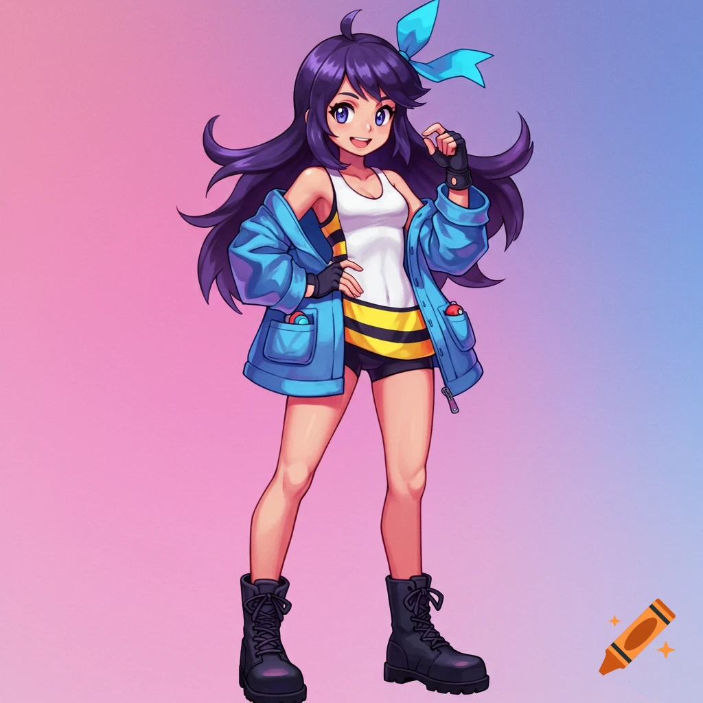 Stylized illustration of a young woman in a blue jacket and bee-striped top with dark hair and blue ribbon, standing against a gradient background.