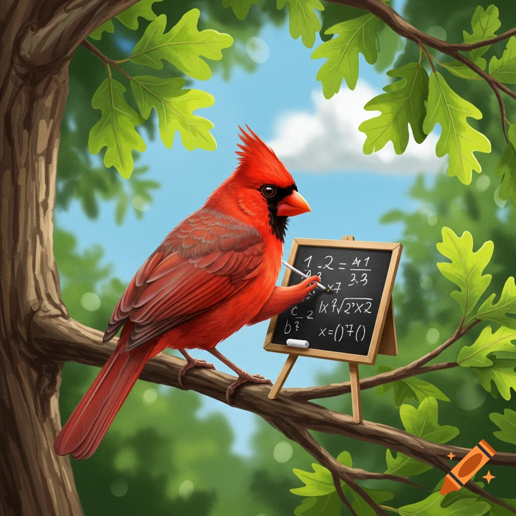 A red cardinal bird sits on a tree branch and uses a piece of chalk to write a math problem on a small chalkboard.