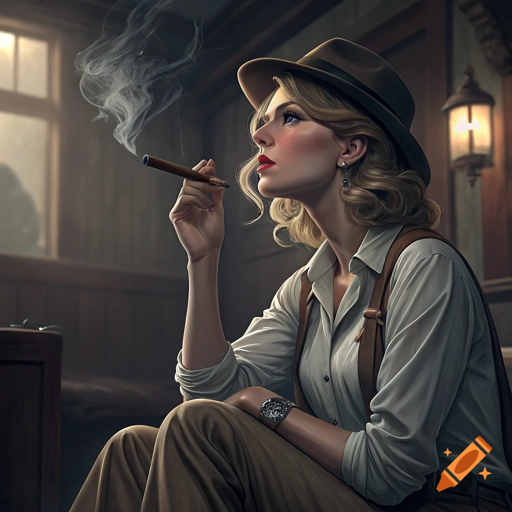 Woman in a vintage hat smoking a cigar, with smoke curling upwards.