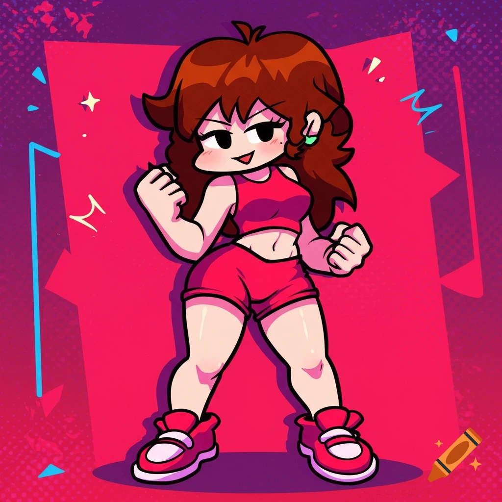 Cartoon character Girlfriend from Friday Night Funkin' in a red crop top and shorts poses confidently against a bright background.