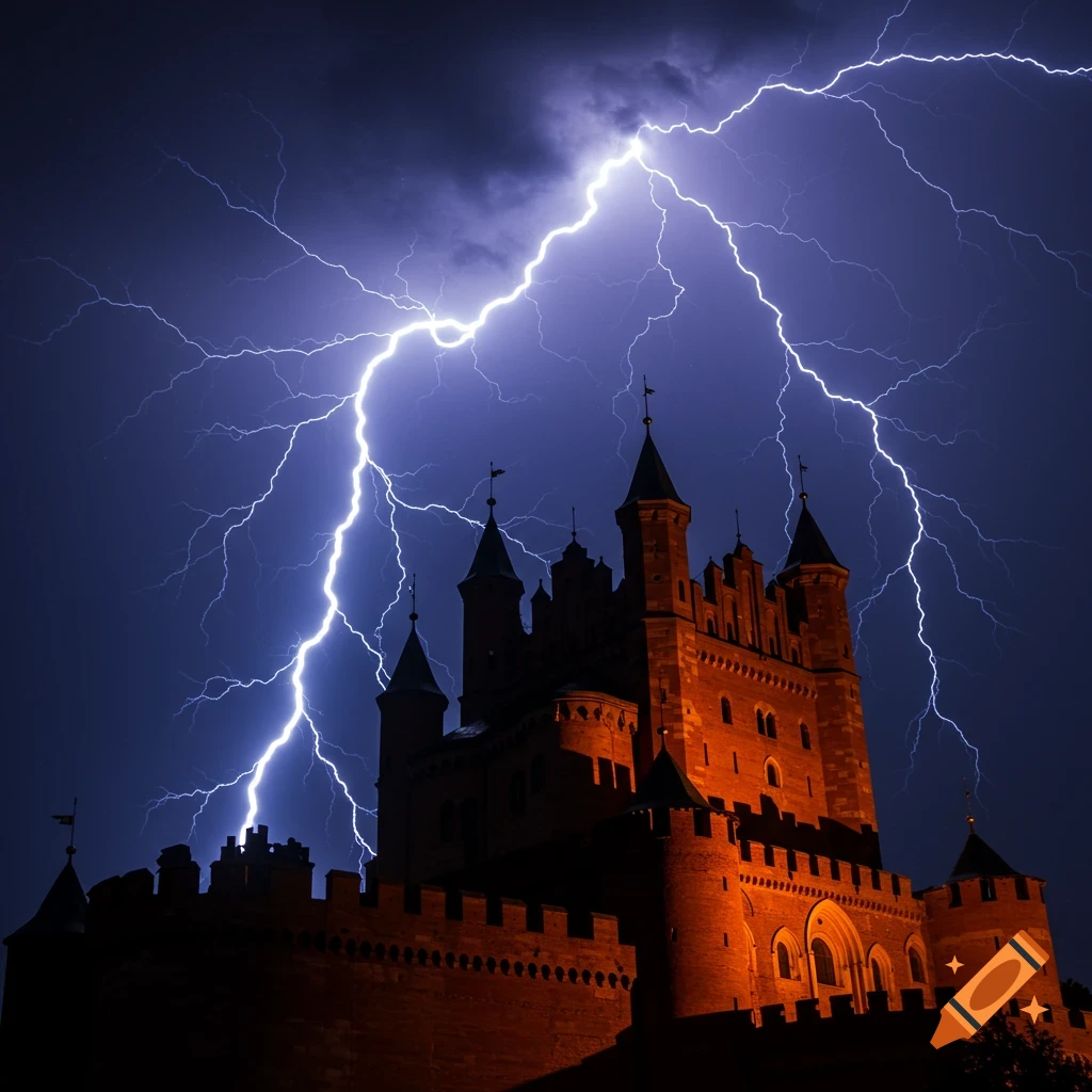 A large brick castle silhouetted against a dark, stormy sky with bright lightning striking.