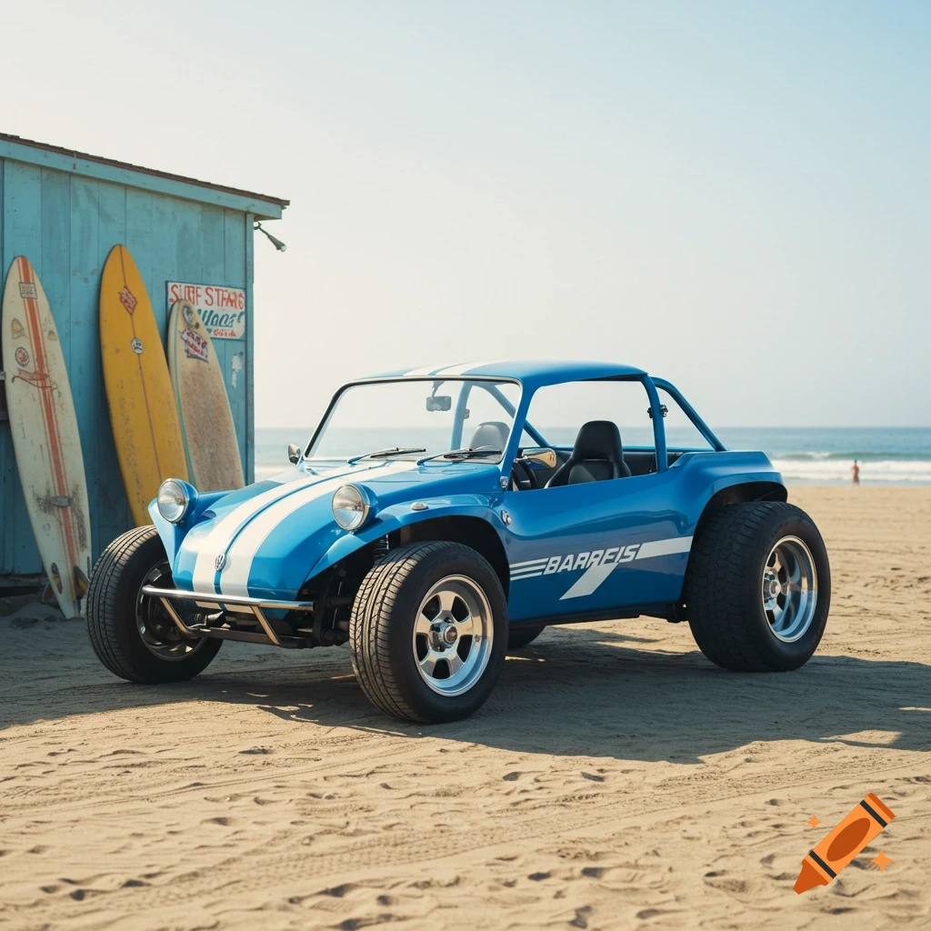 Blue beach buggy on a sandy beach next to a building with surfboards.