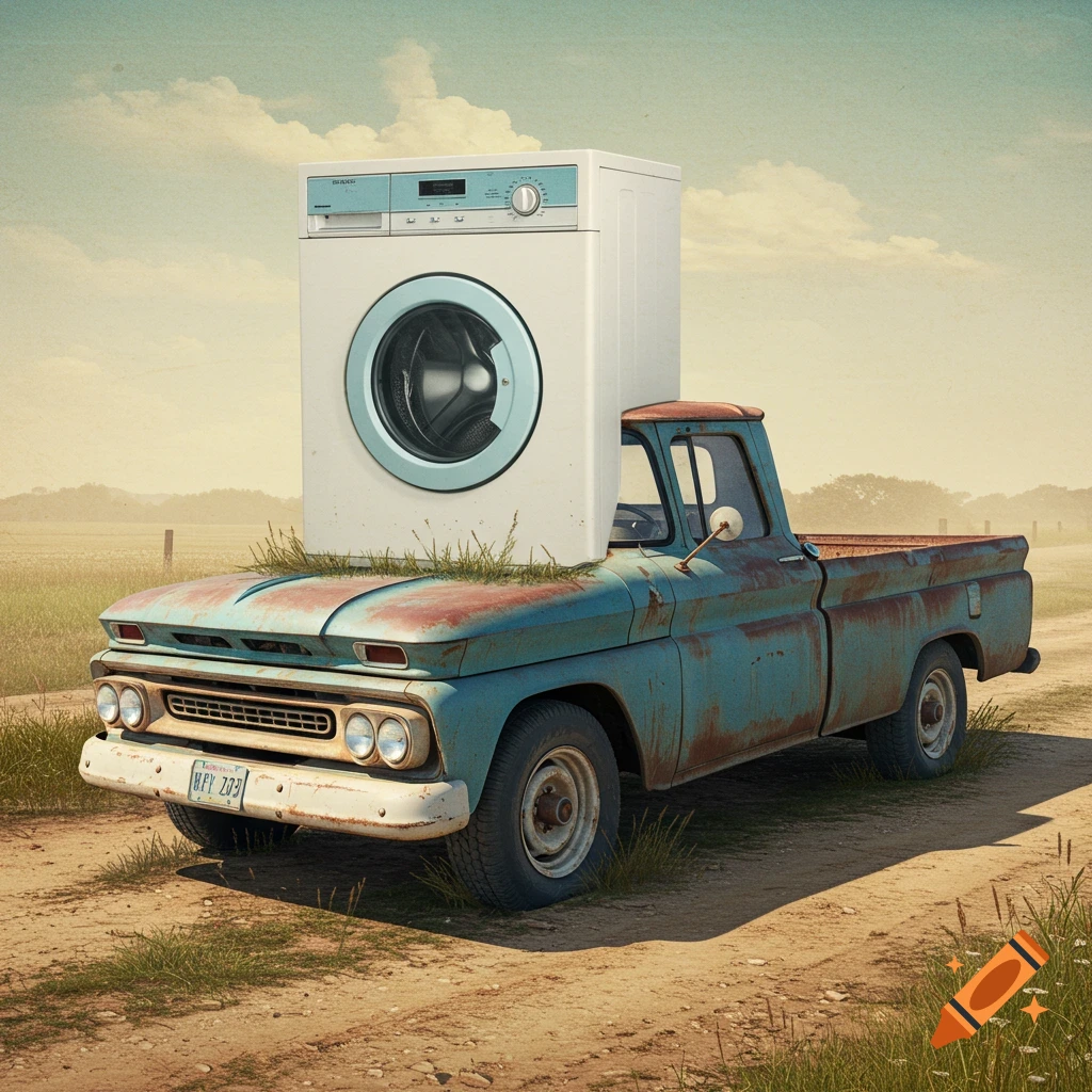 A rusty blue pickup truck carrying a washing machine on its hood, driving on a dirt road.