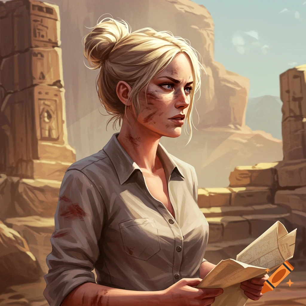 A female adventurer in ruins holding a map.