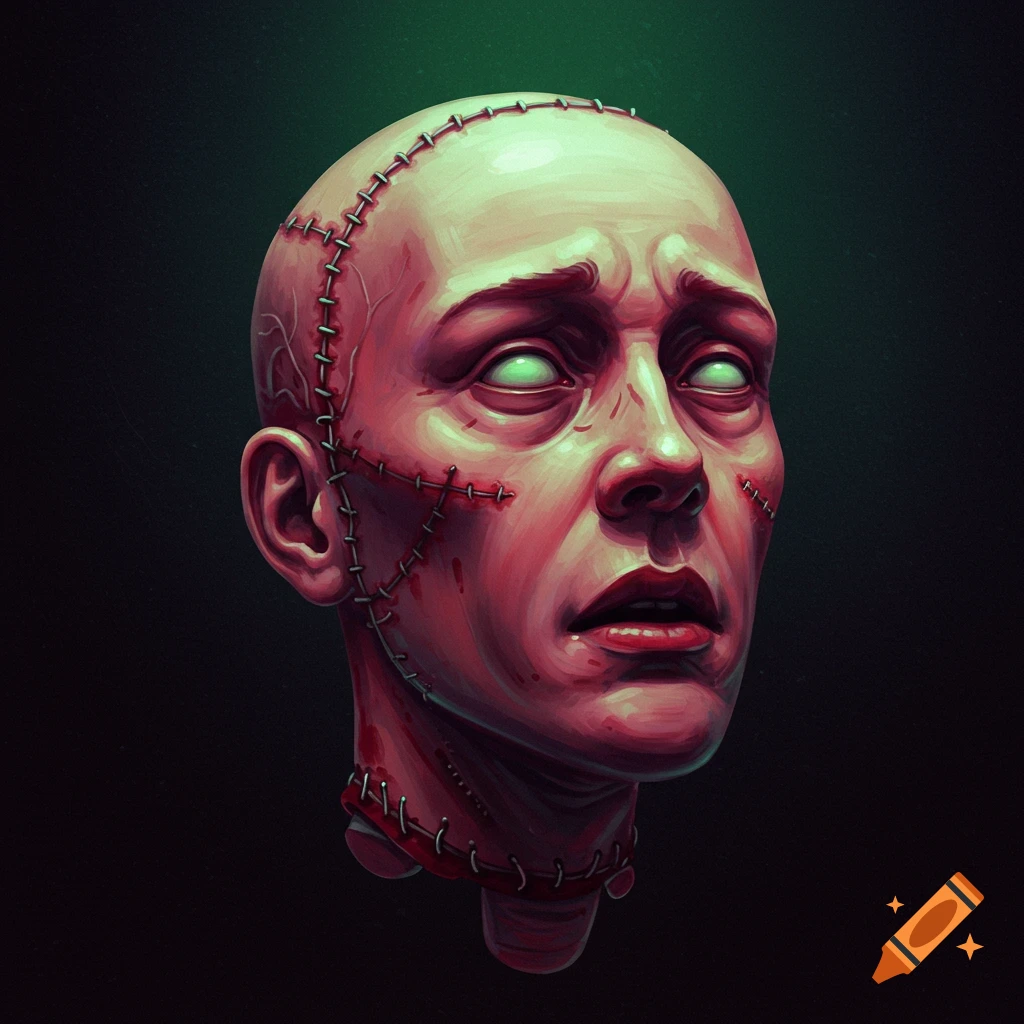 A pale, stitched head with glowing green eyes floats in darkness.