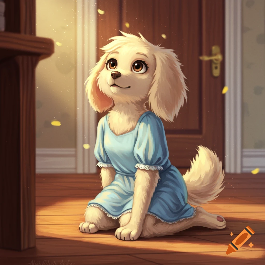 A furry dog character in a blue dress kneeling on a wooden floor