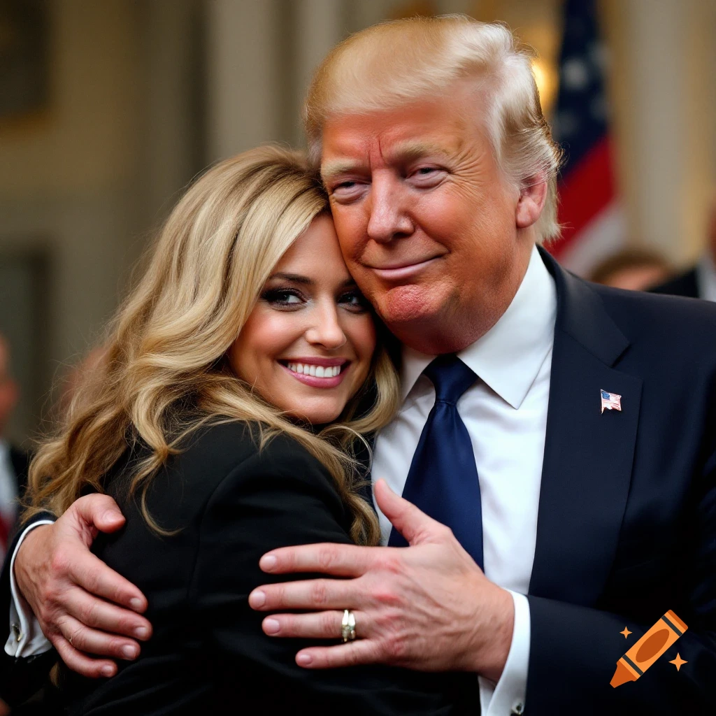 Photorealistic portrait of a woman resembling Rachel Zegler hugging a man resembling Donald Trump.