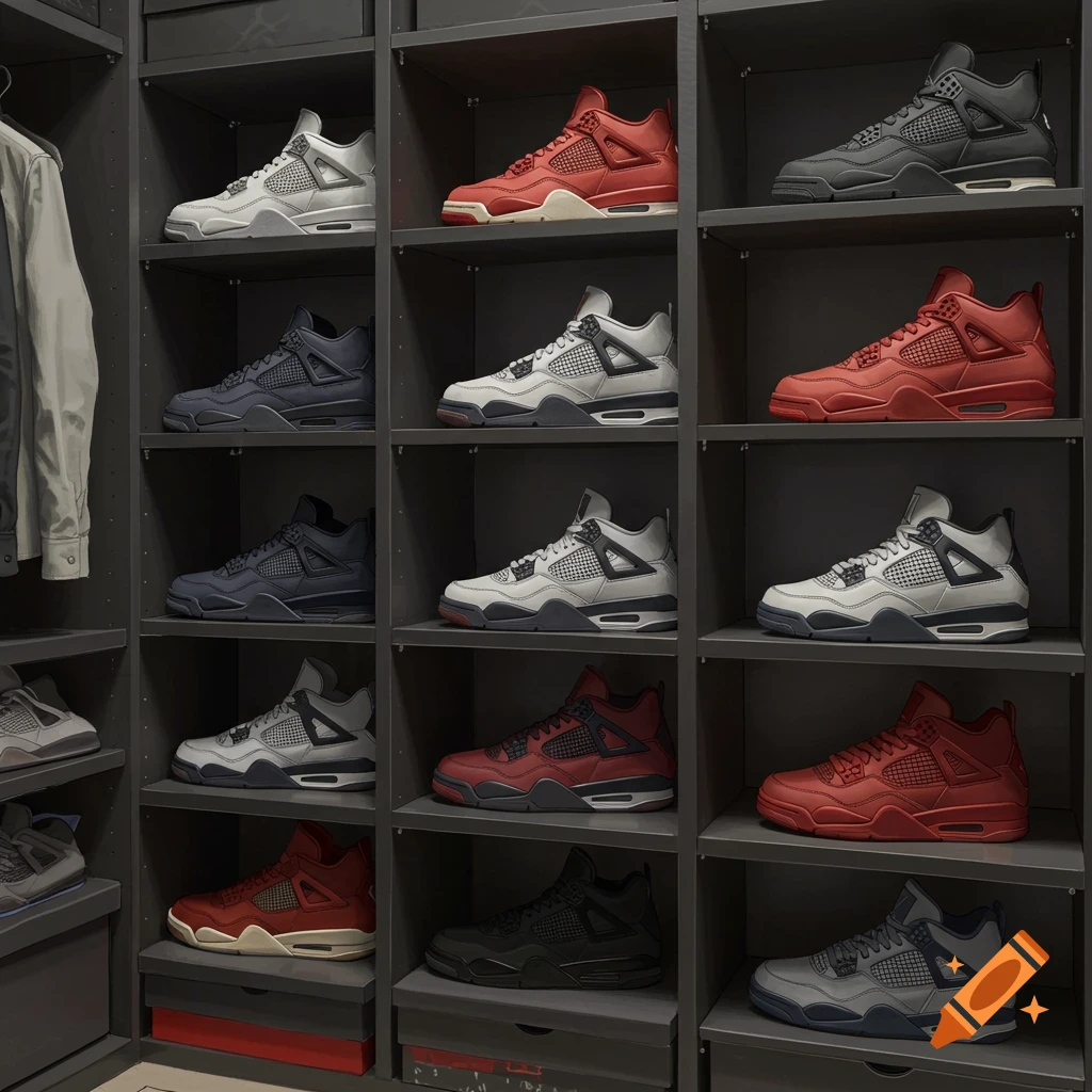 Multiple pairs of Jordan 4 sneakers displayed on closet shelves