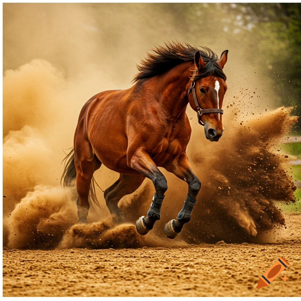 A brown horse runs through sand, kicking up a large cloud of dust. Photorealistic style.