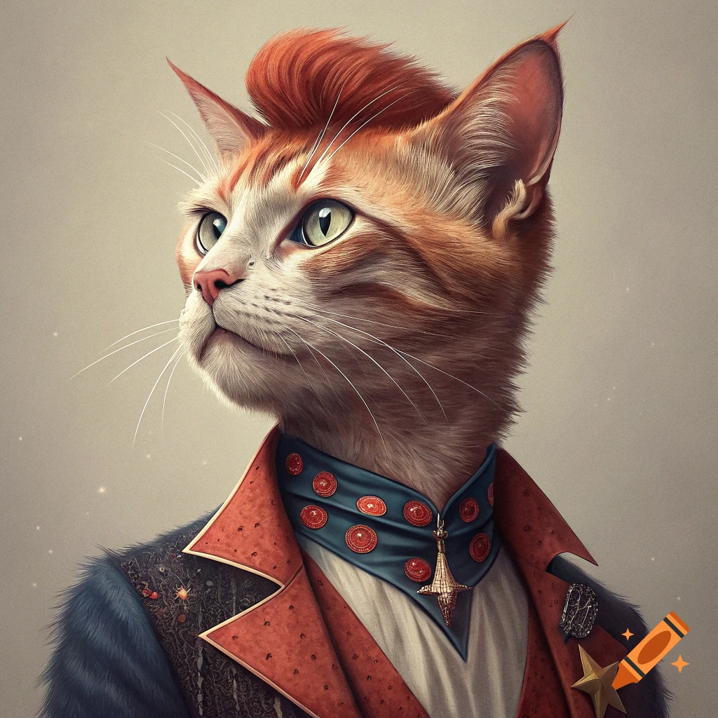 A portrait of an anthropomorphic ginger cat with a pompadour hairstyle, wearing a suit with medals.