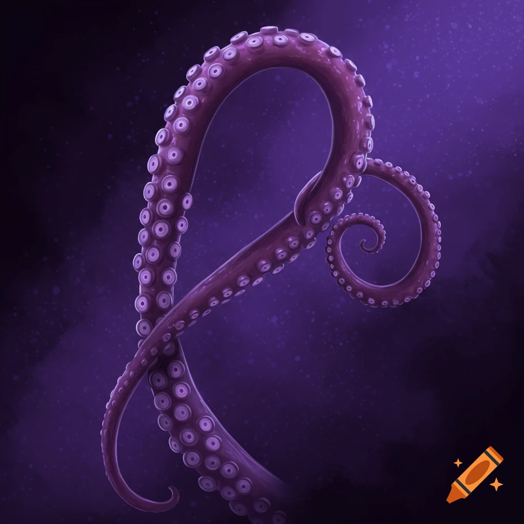 Purple octopus tentacles against a mystical dark purple background.