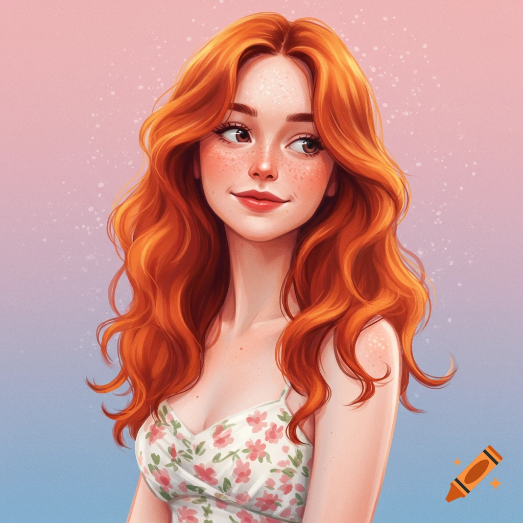 A young woman with long red hair and freckles in a floral top against a pastel pink and blue background.
