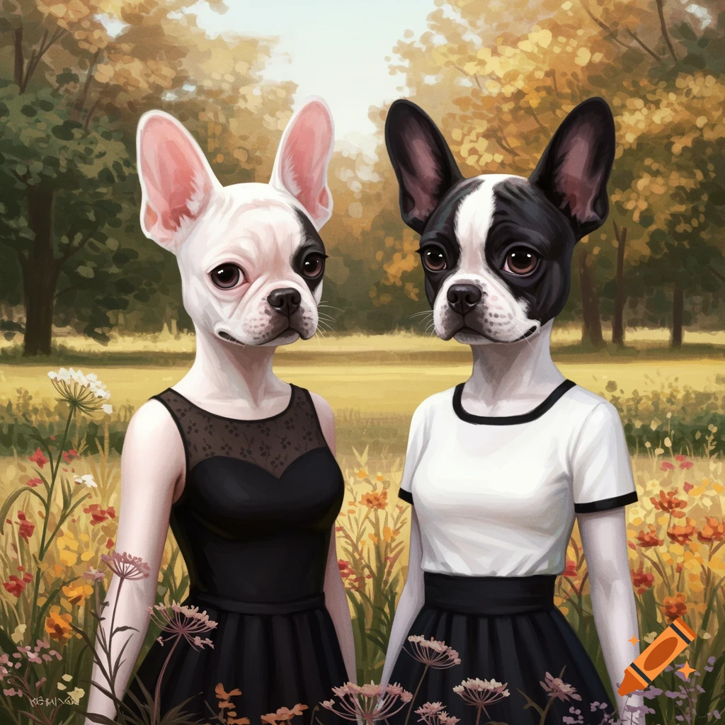 Two anthropomorphic French Bulldogs in dresses in a park.