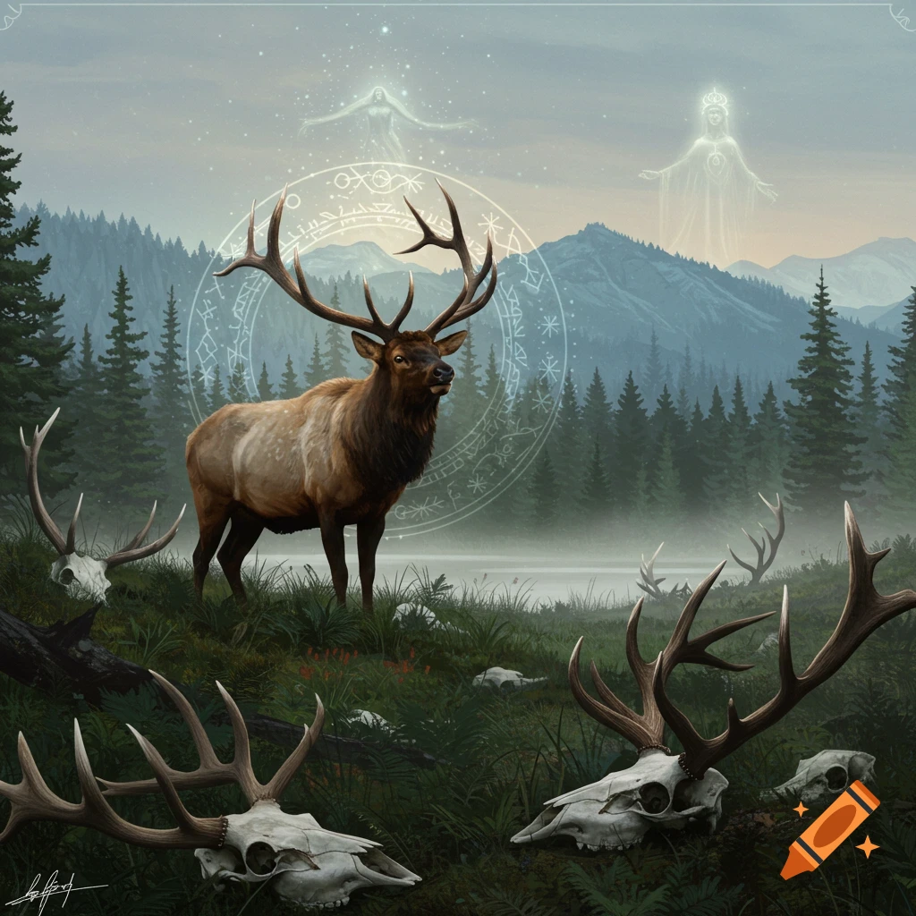 A bull elk stands among skulls in a forest clearing with glowing symbols and ethereal figures in the background.
