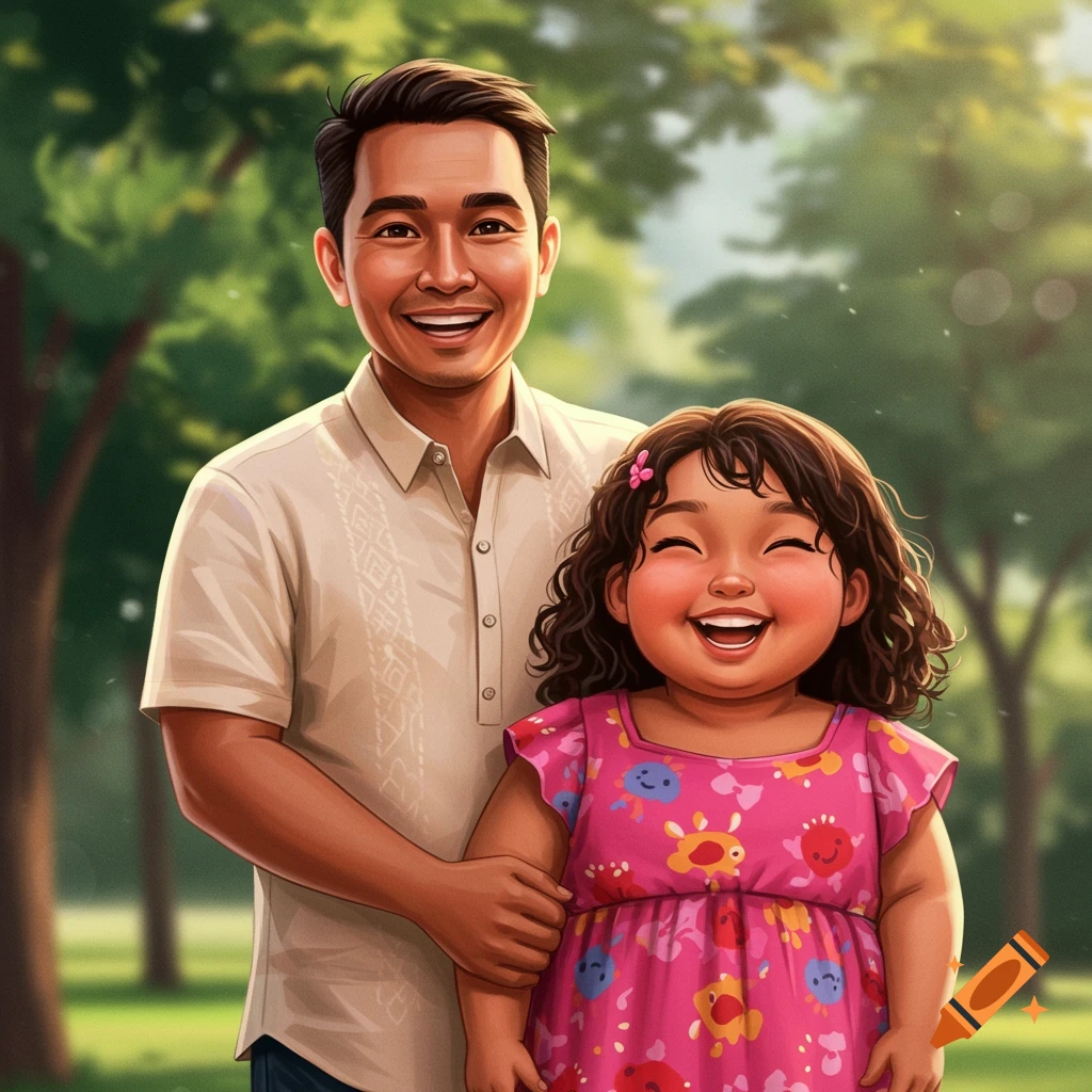 A smiling father and daughter standing together in a park.