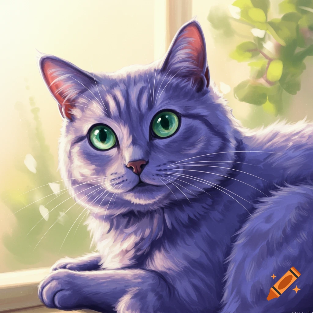 A grey cat with bright green eyes is looking out a window.