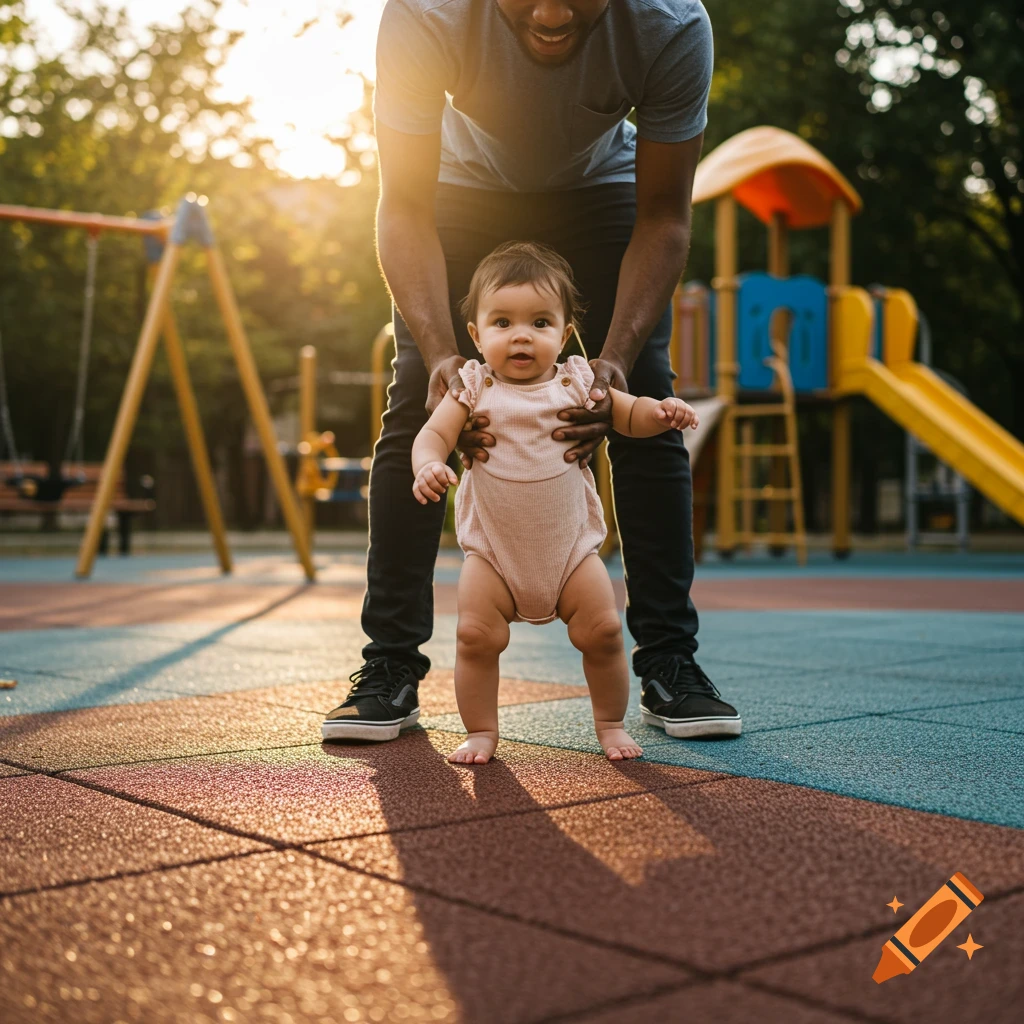 A father helps his baby stand on a playground surface at sunset.