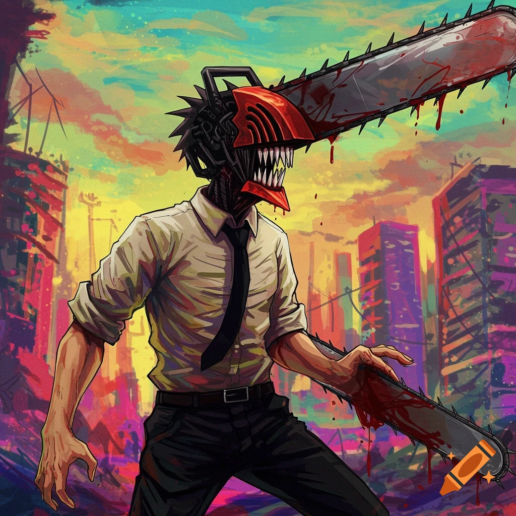 Character from Chainsaw Man with chainsaw head, blood dripping, in a ruined city.