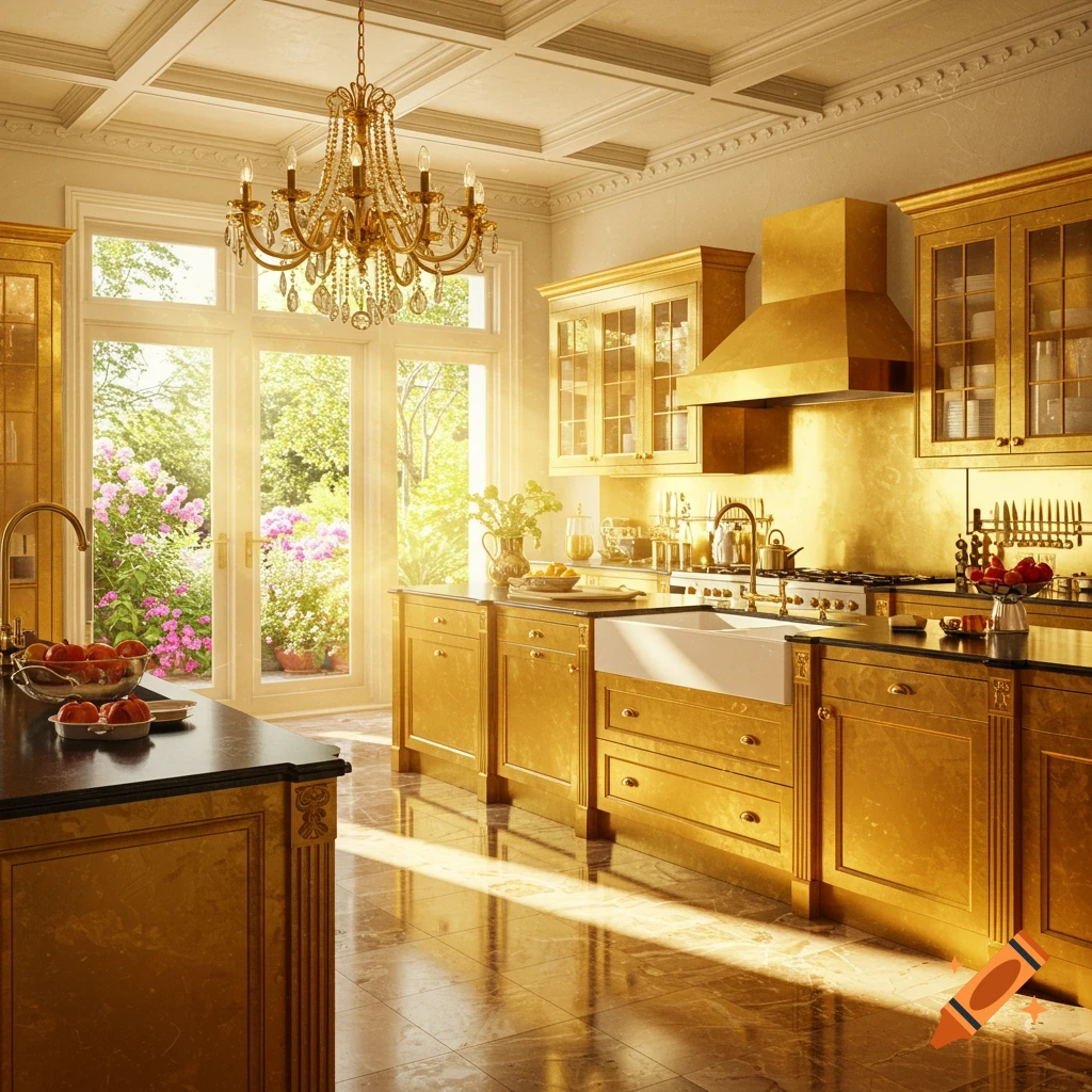 A luxurious kitchen bathed in golden light, featuring ornate gold cabinetry, a large window overlooking a vibrant garden, and a crystal chandelier.