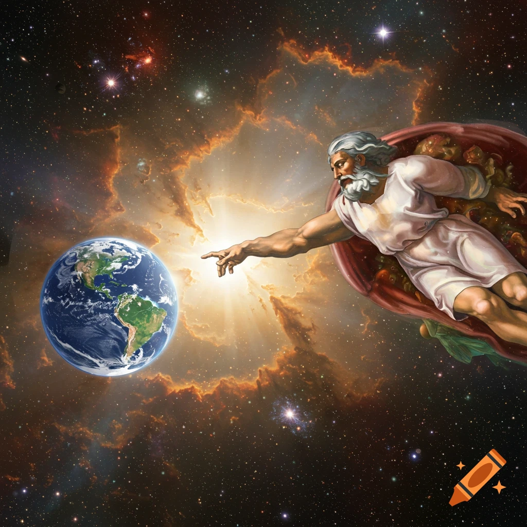 God reaching towards the Earth in space.
