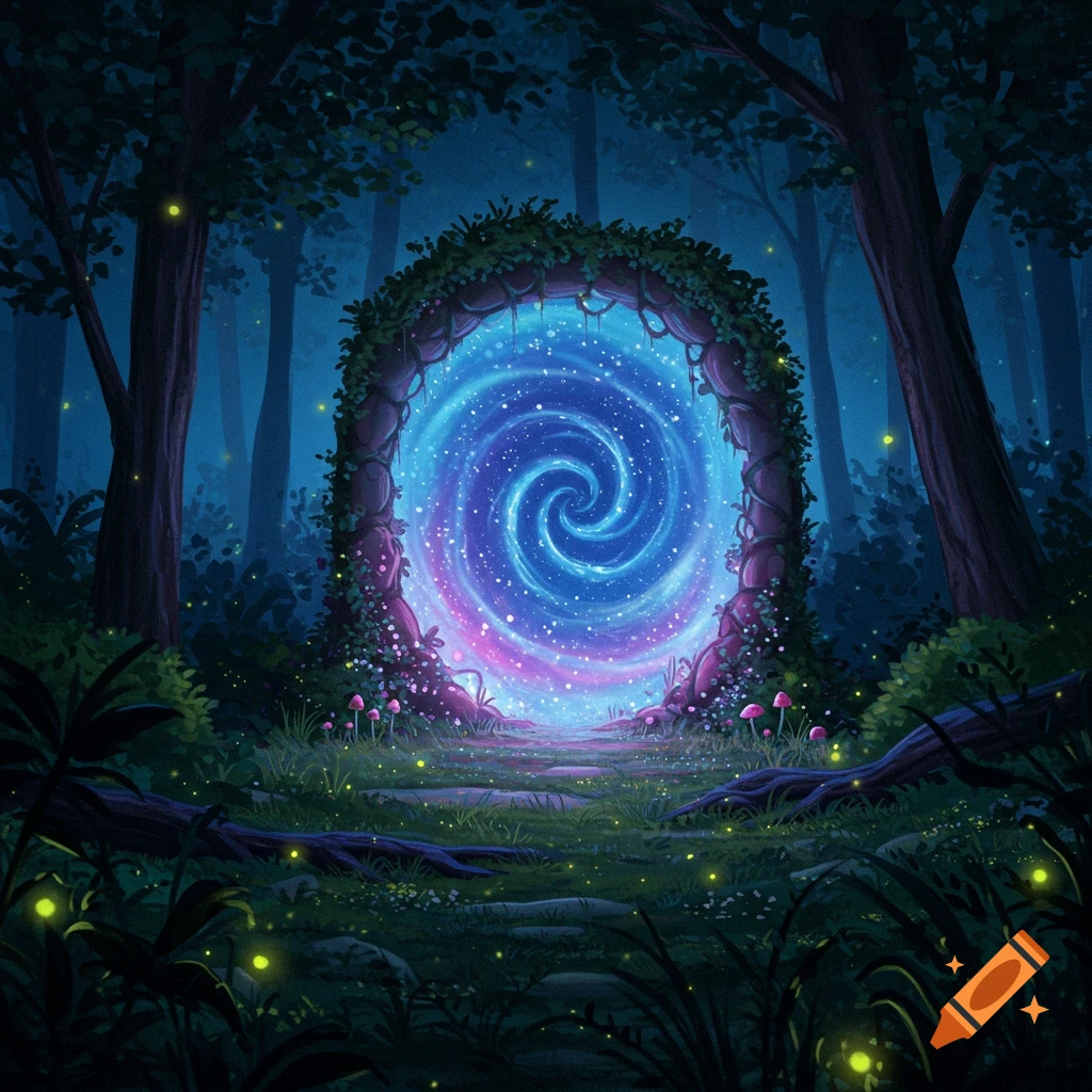 A glowing magical portal in a dark forest at night with fireflies and mushrooms.