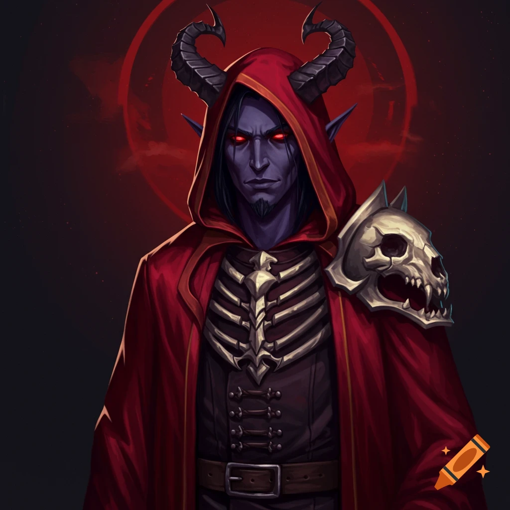 A fantasy dark elf demon lord in red robe with skeletal armor and glowing red eyes.