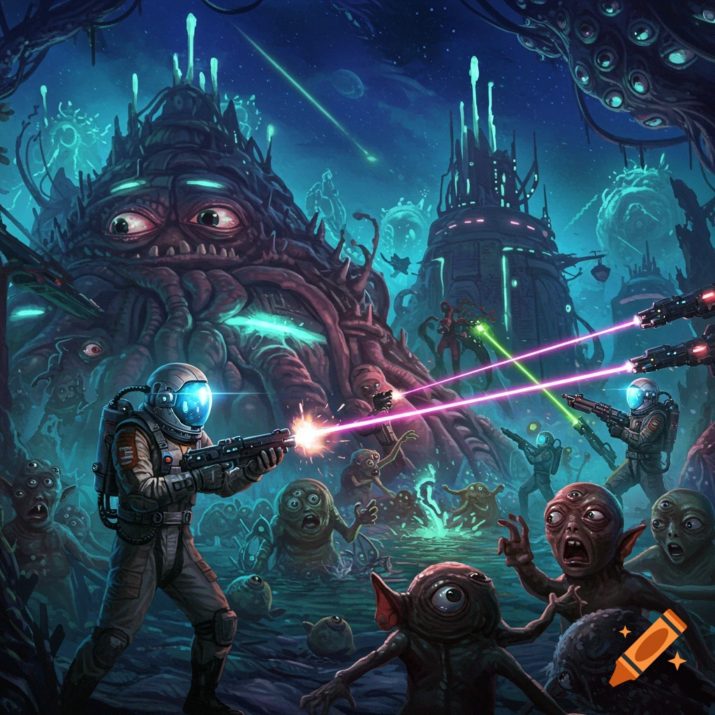Astronauts battle grotesque aliens on a dark planet under glowing structures.