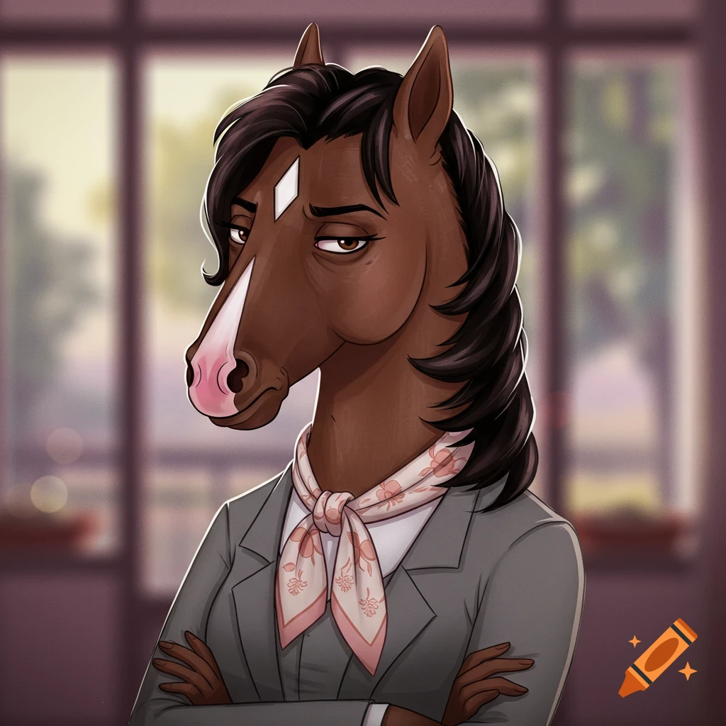 Illustrated portrait of a horse-like character in a suit and scarf with arms crossed