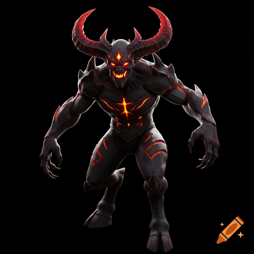 A 3D rendering of a dark demon creature with glowing red horns and patterns.
