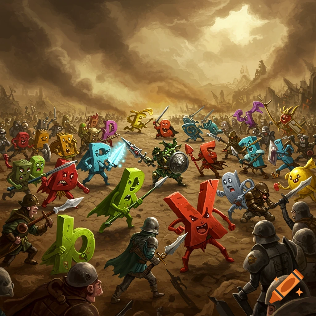 Colorful letter-shaped characters battling human soldiers on a dusty field.
